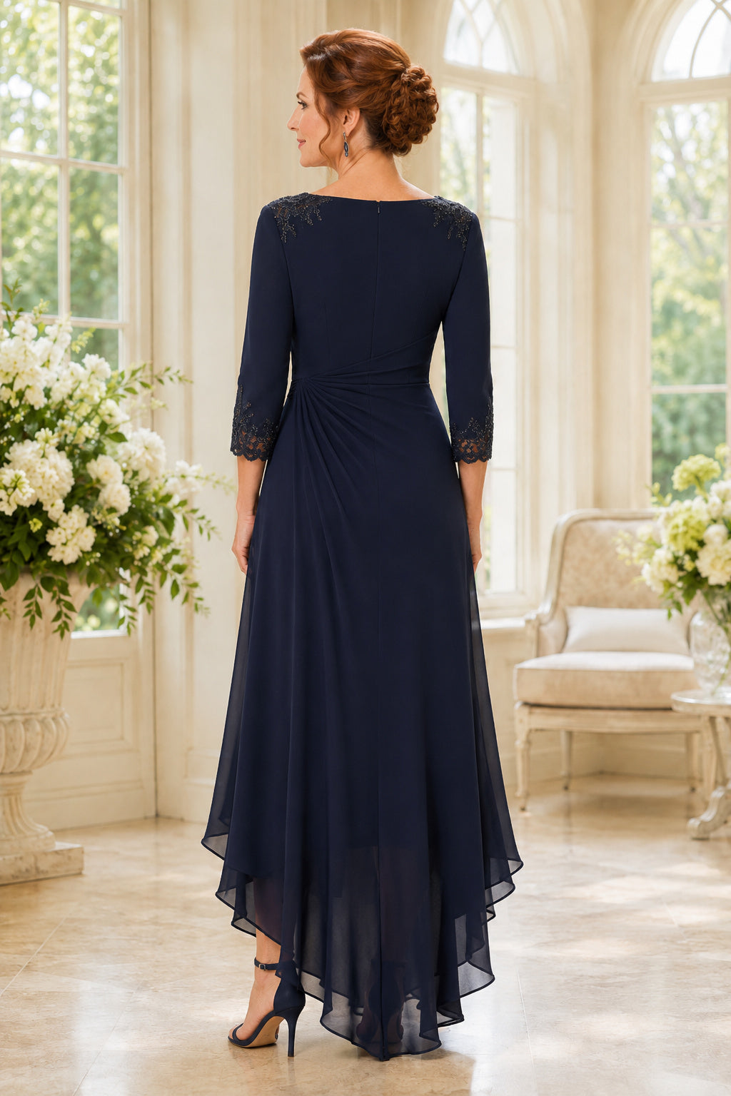 Dark Navy Bateau High Low Mother Dress with Three Quarter Sleeves and Chiffon Skirt back view