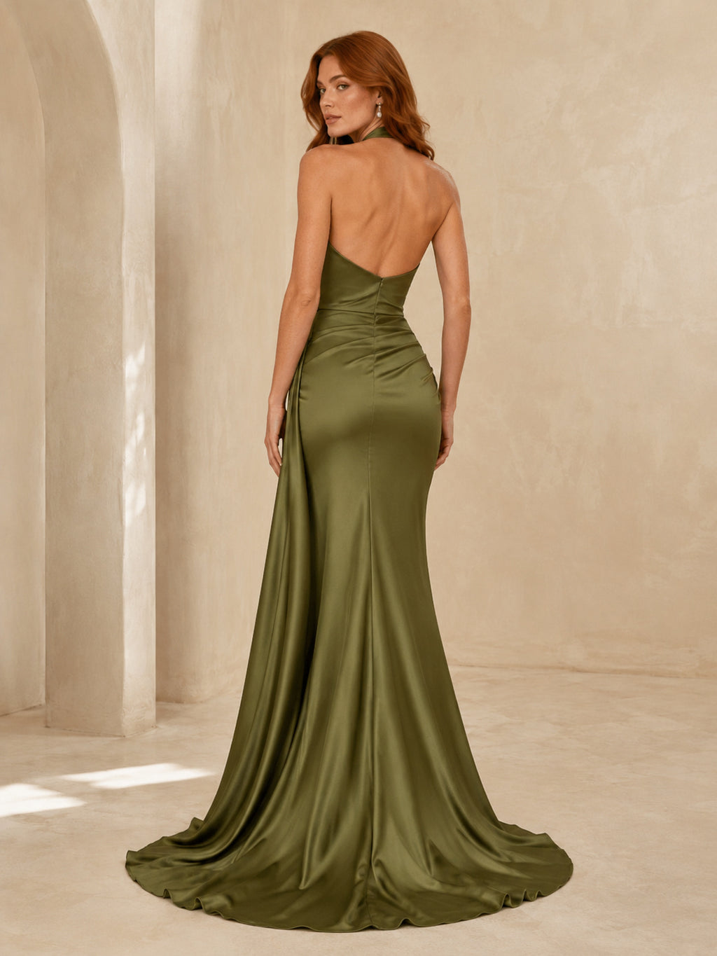Olive Green Halter High Neck Satin Sheath Chapel Train Wedding Dress back view