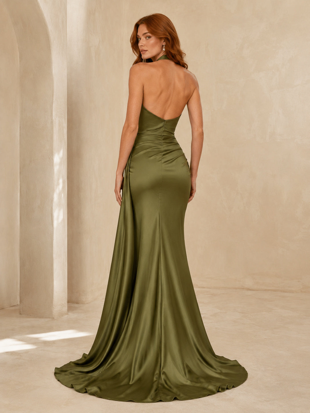 Olive Green Halter High Neck Satin Sheath Chapel Train Wedding Dress back view