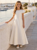 Flower Girl Dress Ivory Satin A-Line Cap Sleeve Jewel Neck Ankle Length Bow Back front view