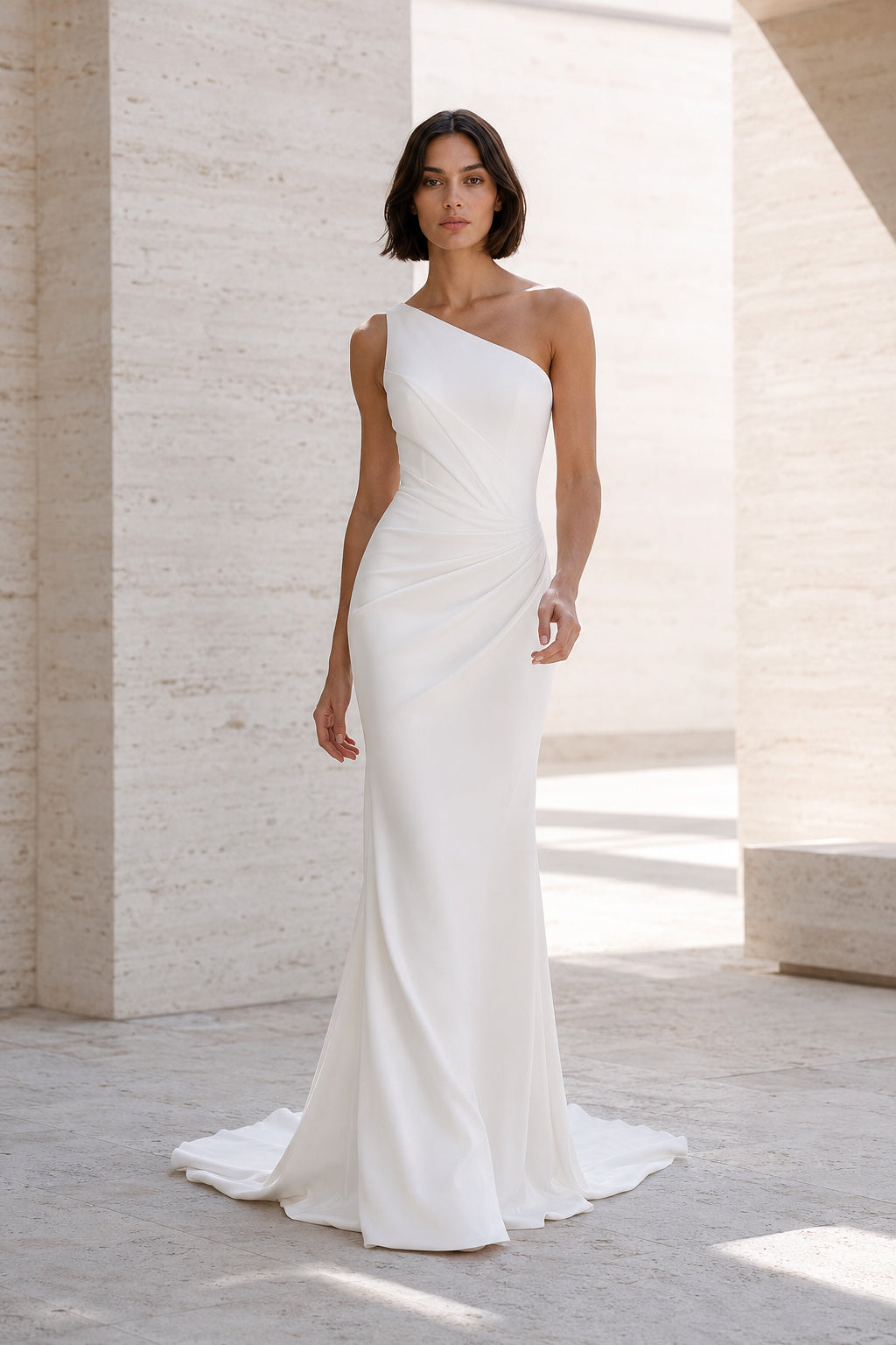 White One-Shoulder Satin Sheath Wedding Dress with Open Back front view