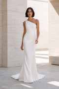 White One-Shoulder Satin Sheath Wedding Dress with Open Back front view