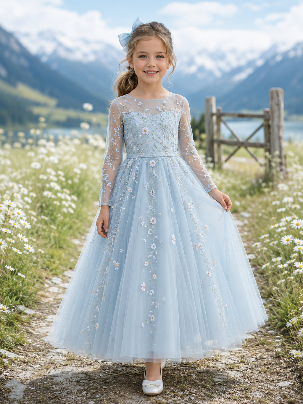 Sky Blue Ankle-Length Ball Gown Flower Girl Dress with Long Illusion Sleeves, Scoop Neck, Daisy Embroidery and Zipper Back fr