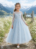 Sky Blue Ankle-Length Ball Gown Flower Girl Dress with Long Illusion Sleeves, Scoop Neck, Daisy Embroidery and Zipper Back fr