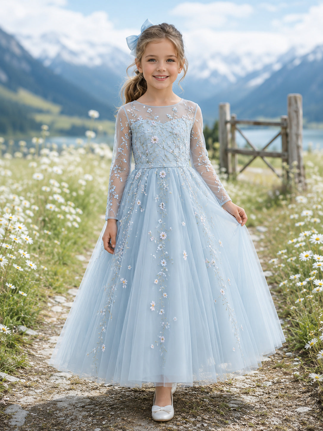 Sky Blue Ankle-Length Ball Gown Flower Girl Dress with Long Illusion Sleeves, Scoop Neck, Daisy Embroidery and Zipper Back fr