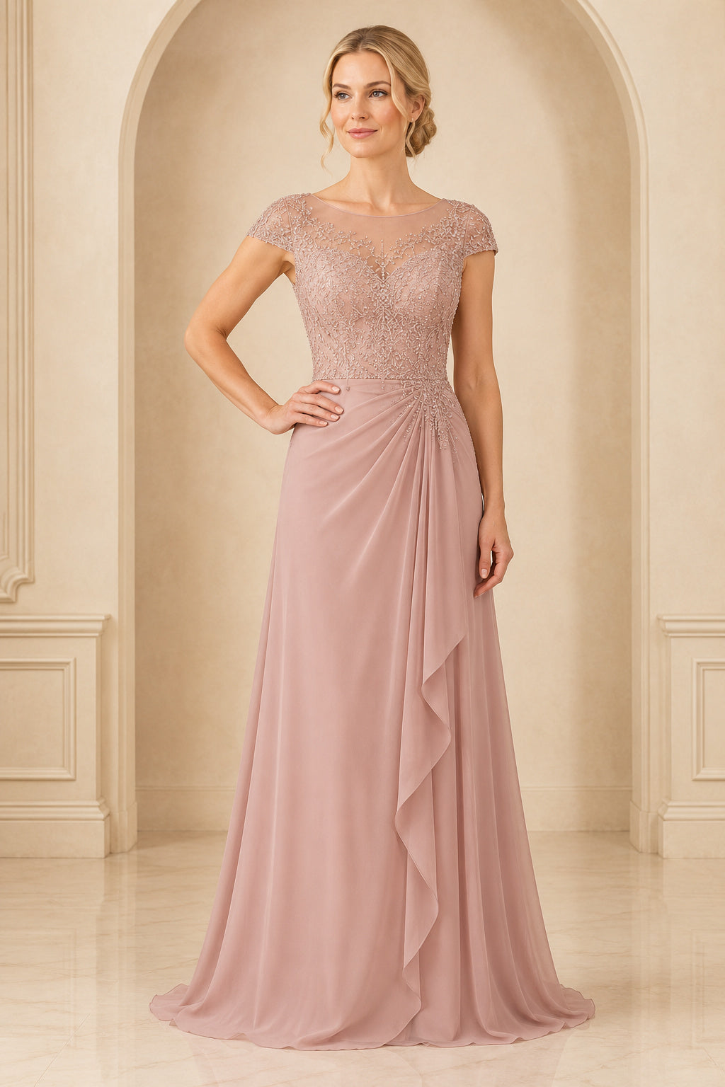Dusty Rose Cap Sleeve Chiffon Mother Dress Beaded Lace Bodice for Mother and Formal Events front view
