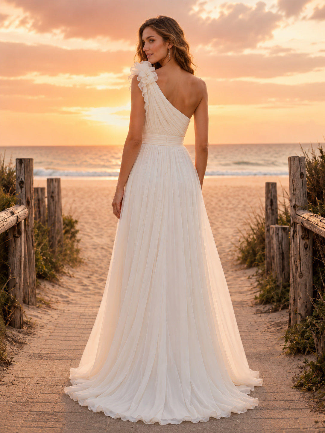 One Shoulder Draped Chiffon Beach Sunset Wedding Dress back view