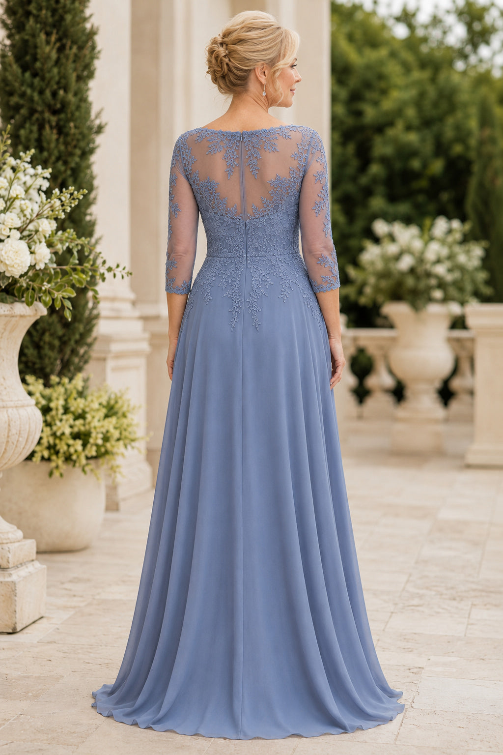 Steel Blue Bateau A-Line Mother Dress with Illusion Long Sleeves and Chiffon Skirt Style MG_300431 back view