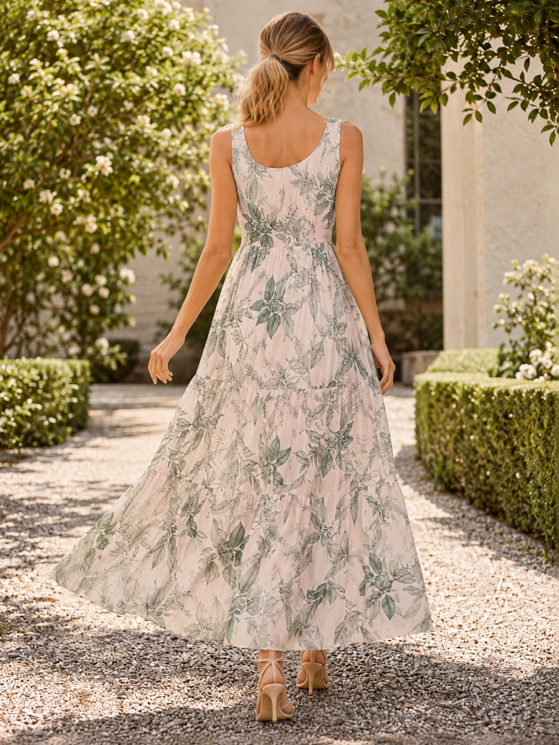 Soft Botanical Leaf Print Sleeveless Garden Maxi Dress back view