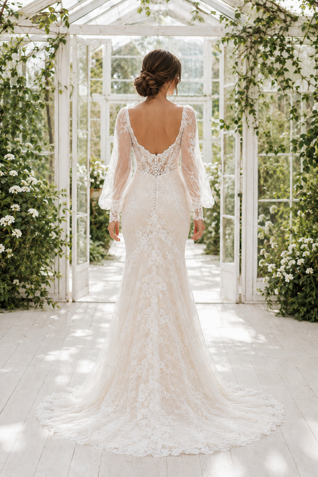 Ivory Square Neck Long Sleeve Lace Mermaid Wedding Dress Train for Wedding Ceremony and Reception back view