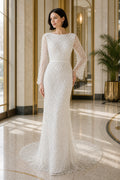 White Bateau Cap Sleeves A-Line Satin Floor-length Wedding Dress With Beaded Bodice and Pleated Skirt and Open Back Lace Hem Detail