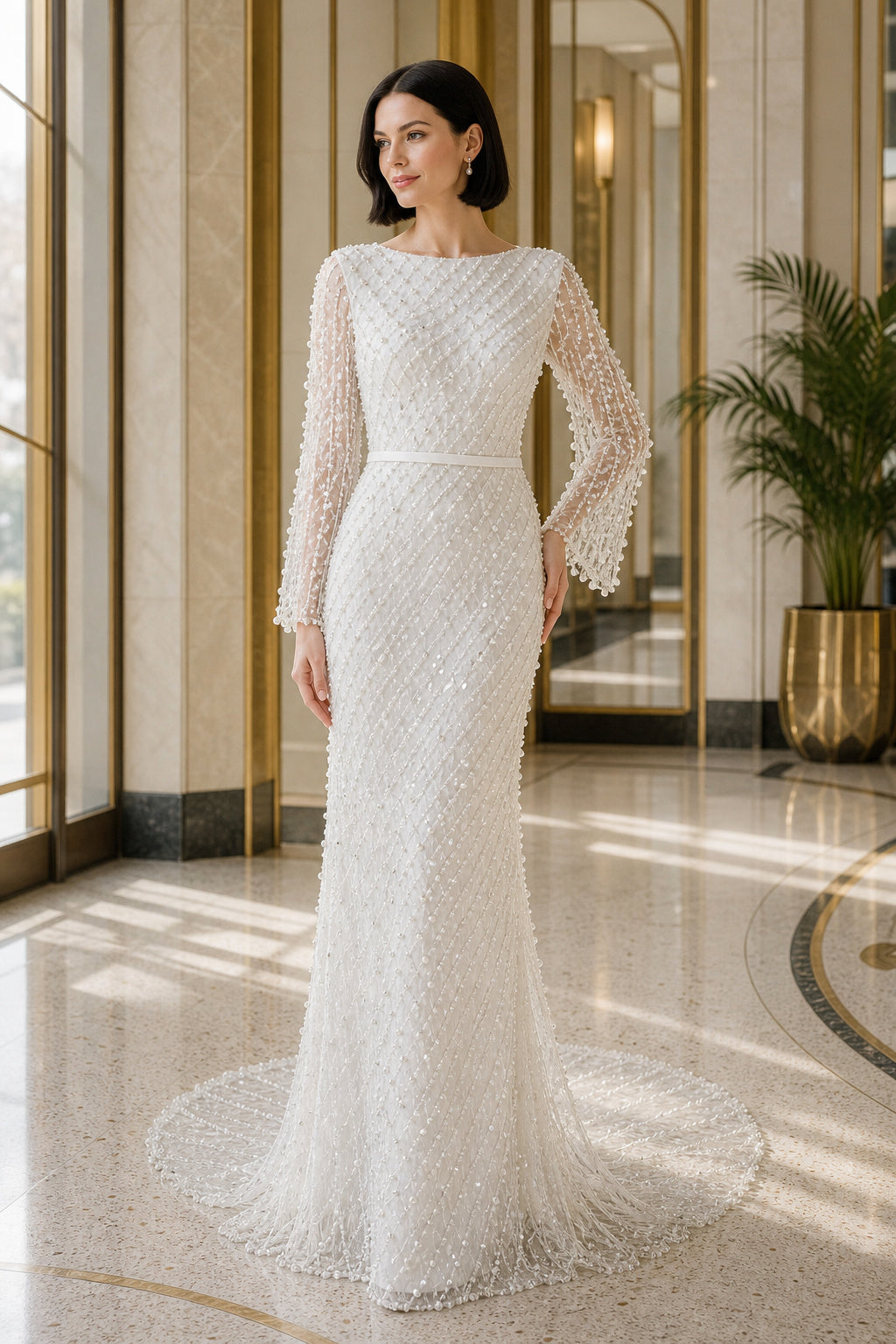 White Bateau Cap Sleeves A-Line Satin Floor-length Wedding Dress With Beaded Bodice and Pleated Skirt and Open Back Lace Hem Detail
