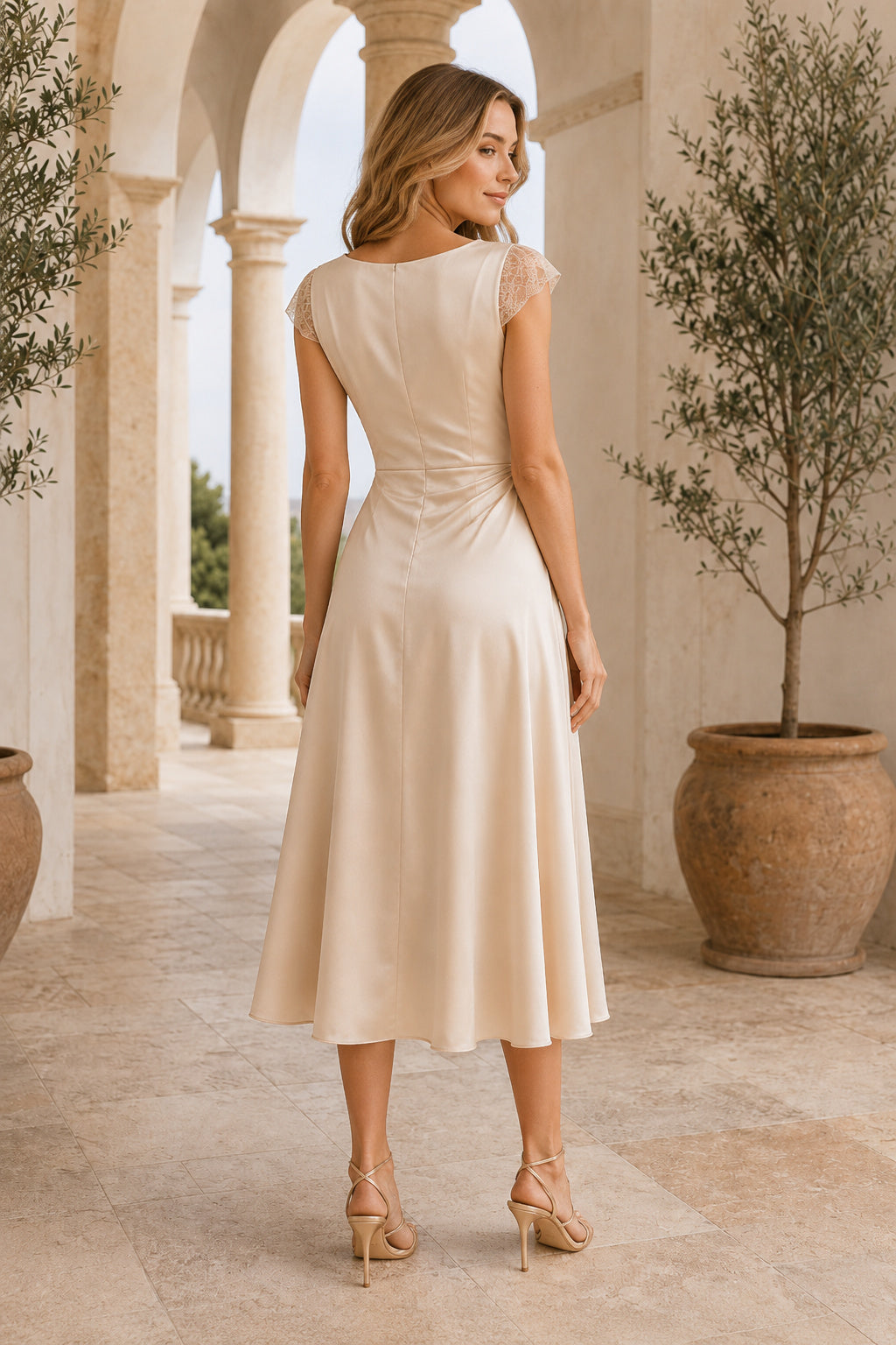 Champagne Cowl Neck Satin Tea Length Wedding Dress for Wedding Reception and Party back view