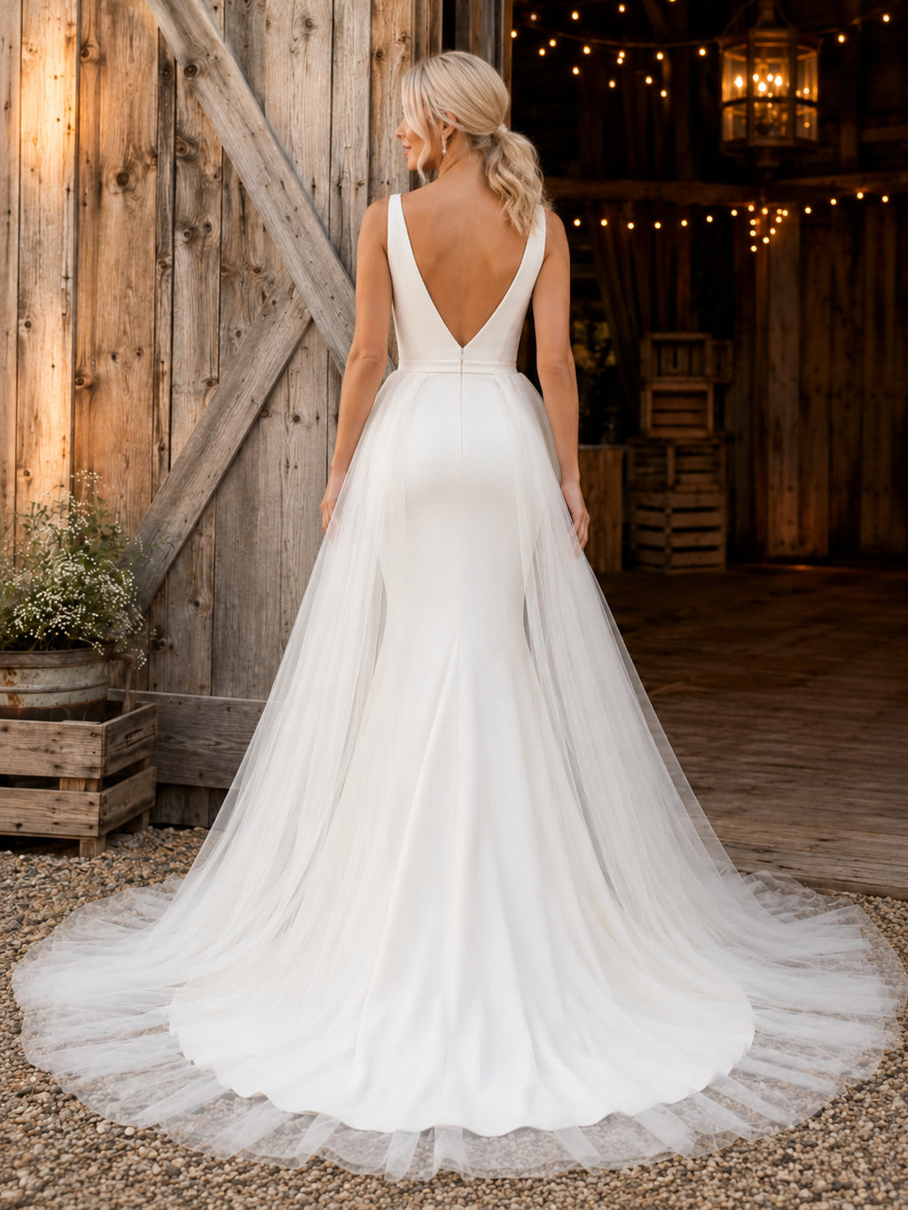 Stretch Satin Tulle Wedding Dress Mermaid V-Neck Sleeveless Sweep Train Bridal Gown back view