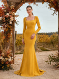 Mustard Long Sleeve Crepe Vineyard Mermaid Bridal Gown front view