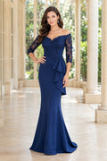 Dark Navy Off-the-Shoulder Mermaid Mother Dress with Lace Sleeves and Side Ruffle front view