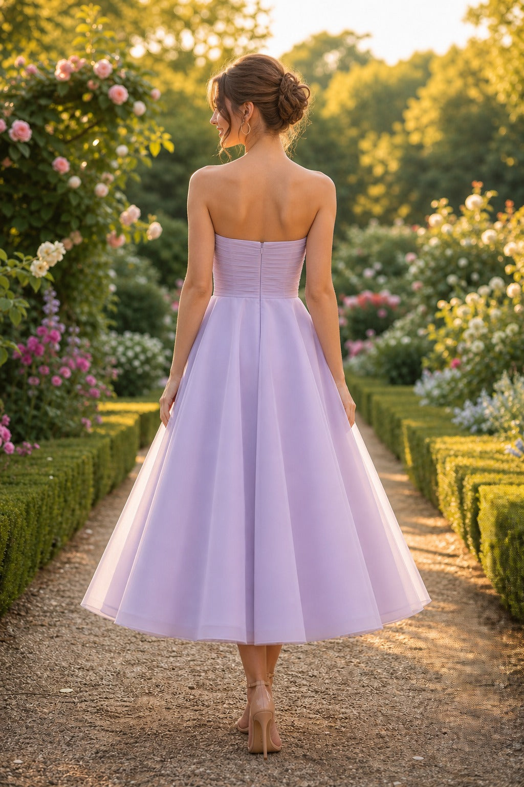 Lavender Strapless Tea-Length Satin A-Line Dress