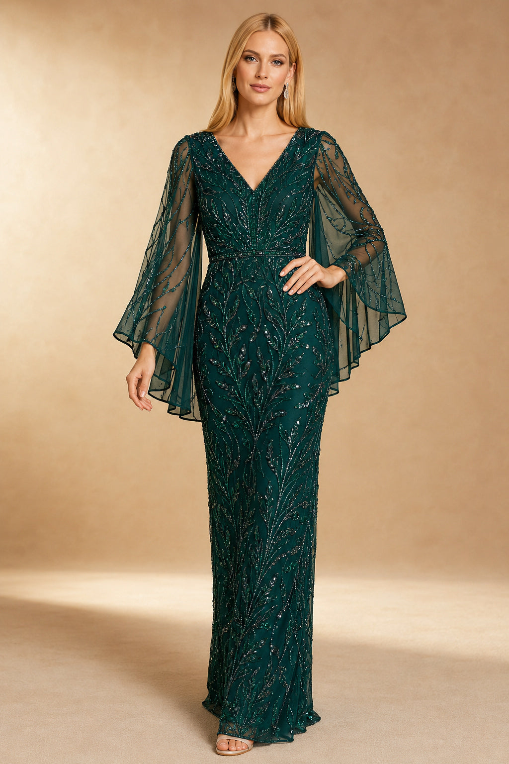 Dark Green V-Neck Beaded Mother Dress Bell Sleeves for Mother and Formal Events front view