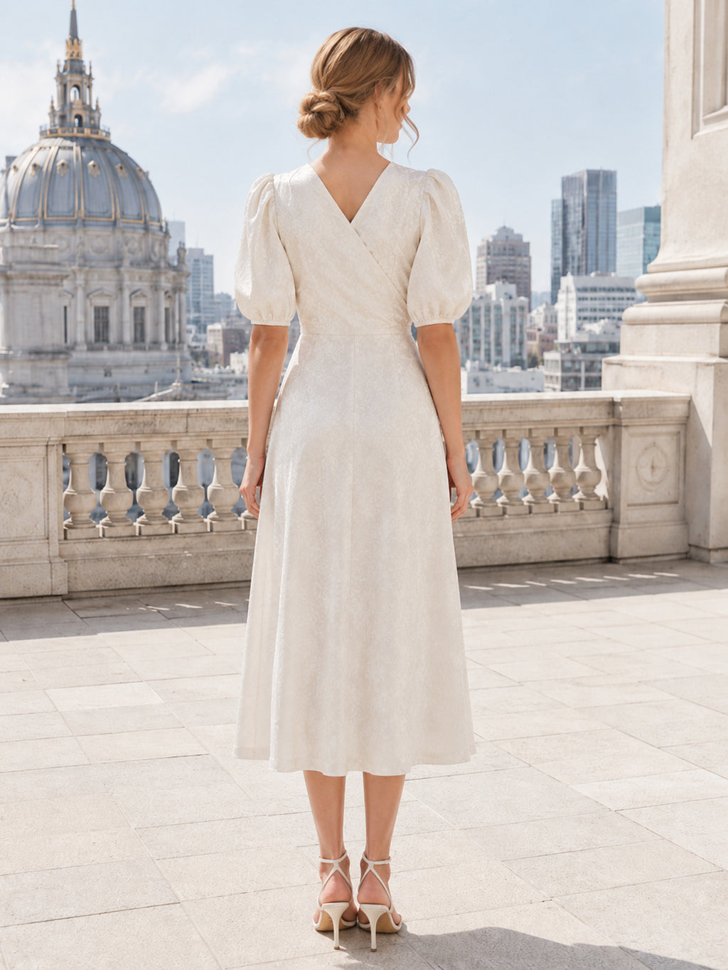 City Hall Wrap V-Neck Puff Sleeve Midi Wedding Dress back view
