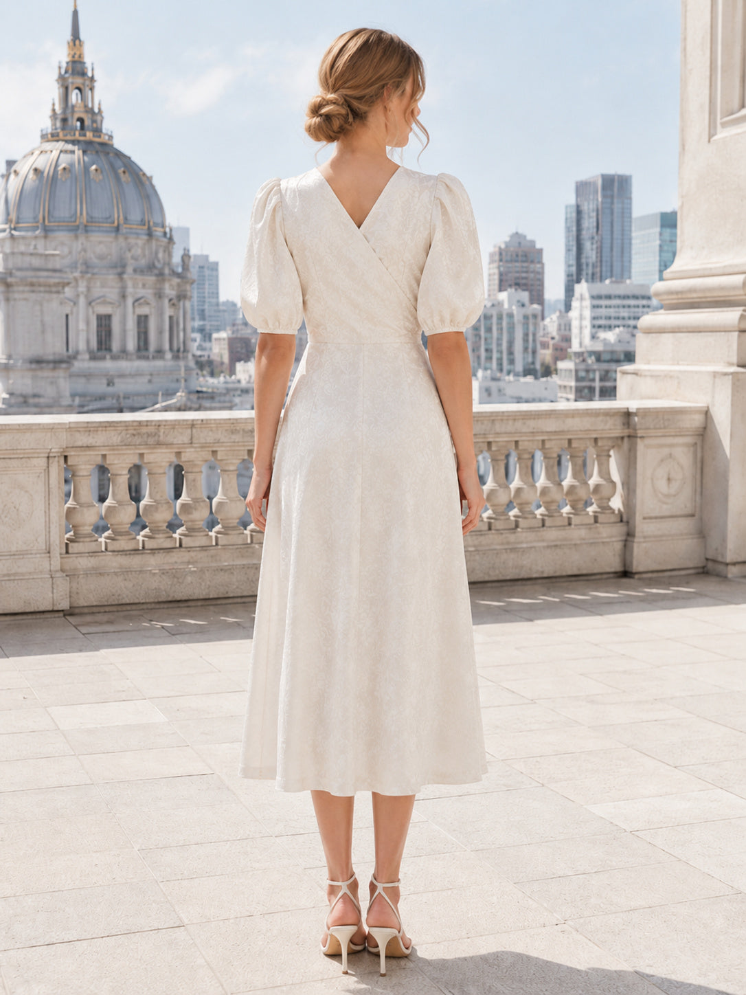 City Hall Wrap V-Neck Puff Sleeve Midi Wedding Dress back view