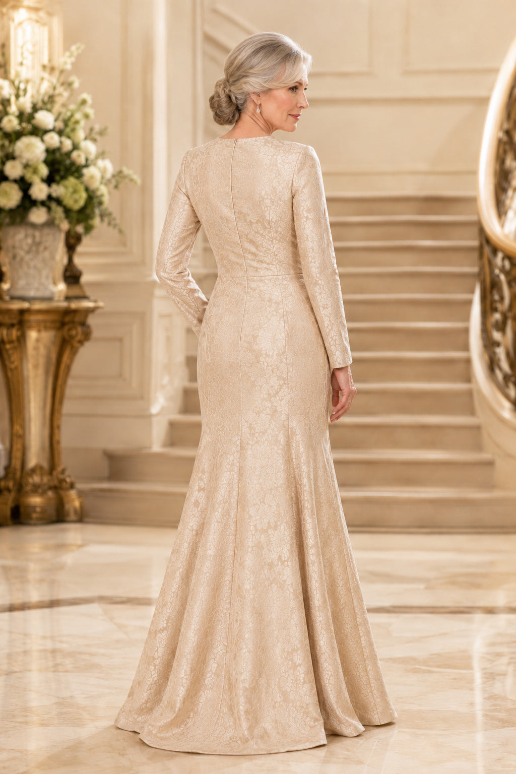 Champagne Long Sleeve Satin Sheath Mother Dress with Subtle Jacquard Texture back view