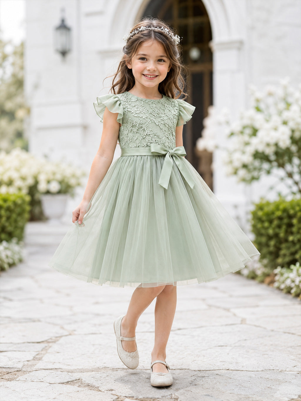 Flower Girl Dress Sage Tulle A-Line Short Sleeve Scoop Tea length Sash Detail front view