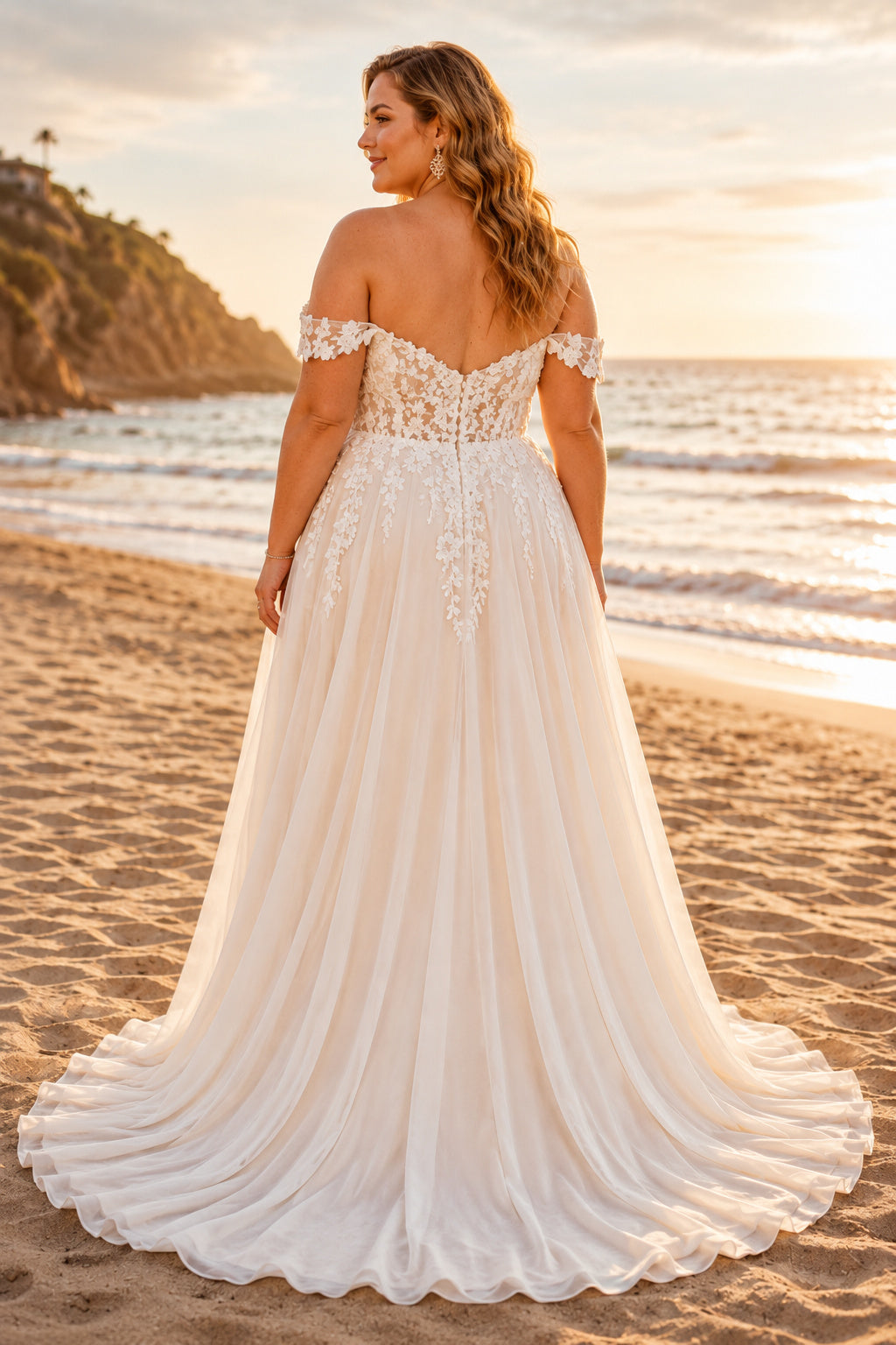 Plus Size Ivory Off-the-Shoulder Sweetheart Flutter Sleeve Lace Tulle A-Line Wedding Dress with Split Front Skirt and Soft Ch