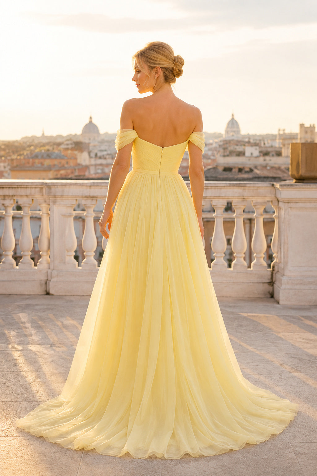 Daffodil Off the Shoulder Yellow Chiffon A Line Gown with Side Slit Floor Length And Sweep/Brush Train A Line Bridesmaid Dres