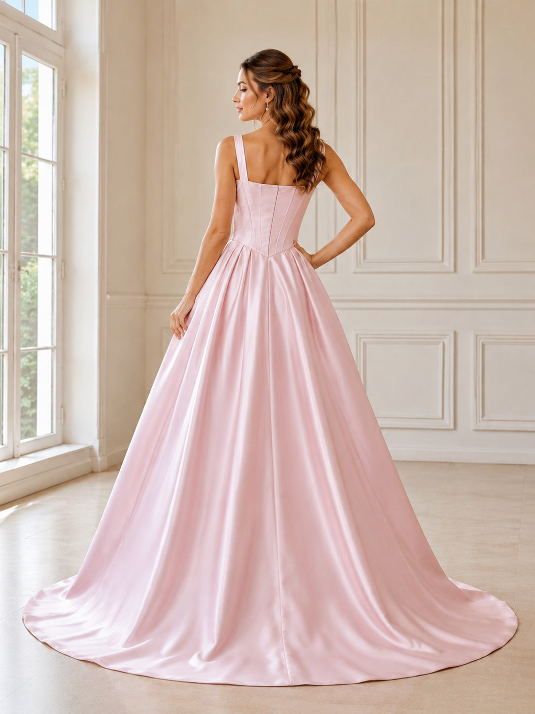 Blush Square Neck Straps Pleated Satin A Line Court Wedding Dress back view