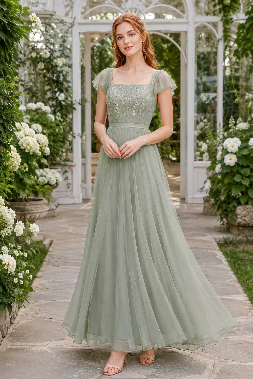 Sage Cap Sleeve Lace Bodice with Flowing Tulle Skirt Floor Length A-Line Bridesmaid Dress front view