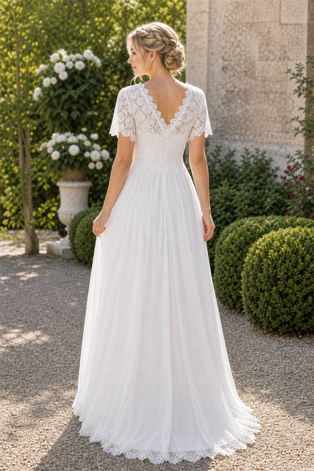White Off-the-shoulder A-Line Crepe Floor-length Wedding Dress With Beaded Waist and Floral Appliques and Open Back