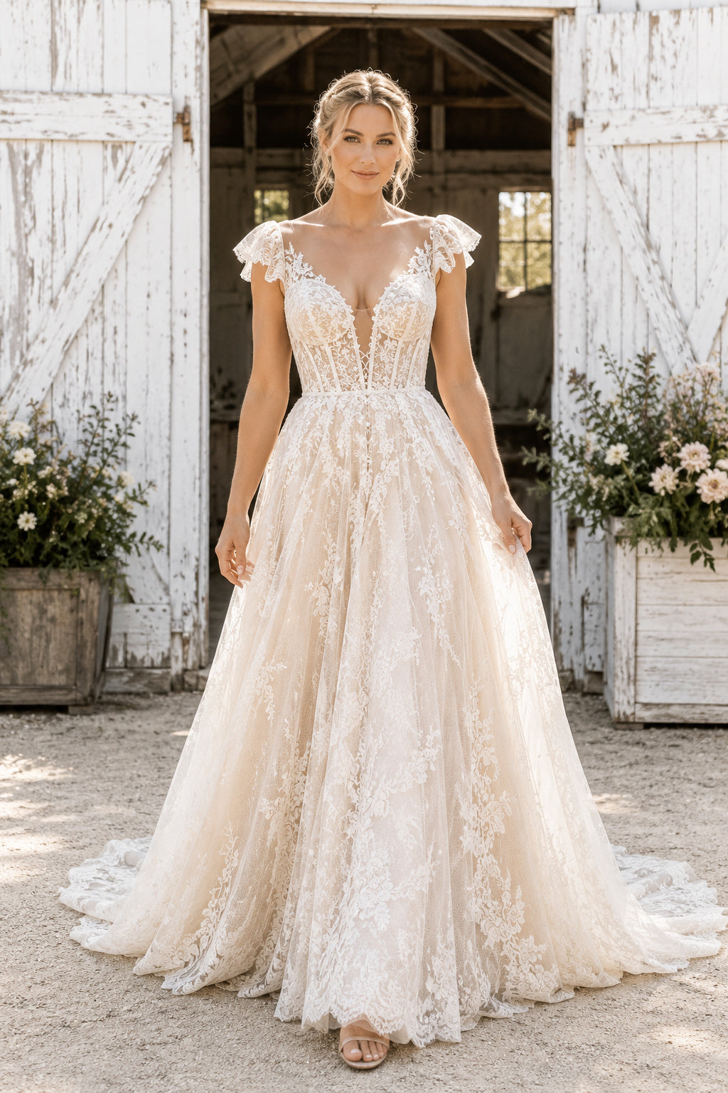 Cap Sleeve A-Line Wedding Dress with Deep V-Neck Lace Bodice and Sweep Train for Rustic Garden Ceremony front view