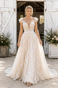 Cap Sleeve A-Line Wedding Dress with Deep V-Neck Lace Bodice and Sweep Train for Rustic Garden Ceremony front view