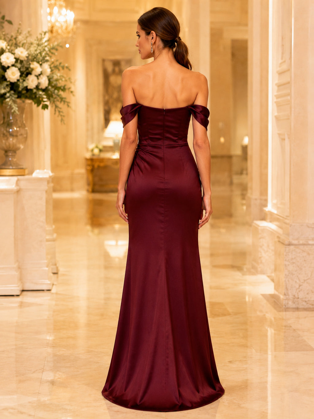 Burgundy Off-the-shoulder Draped Satin Mermaid Gown back view