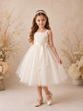 Ivory Tulle A-Line Flower Girl Dress with Sleeveless, jewel Neckline, and Tea length Skirt with Soft Pleating front view