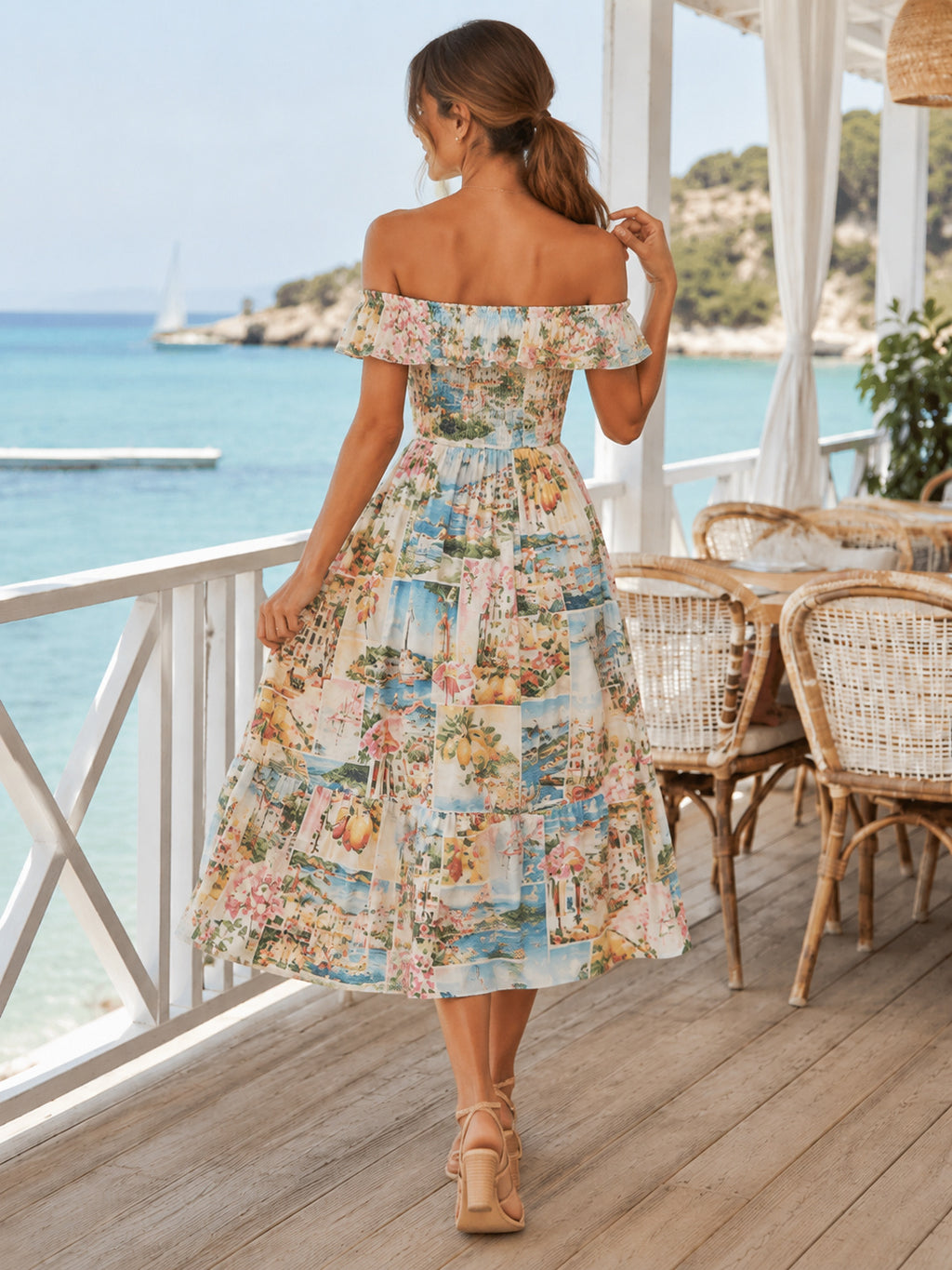 Postcard Print Off Shoulder Ruffle Midi Vacation Dress back view