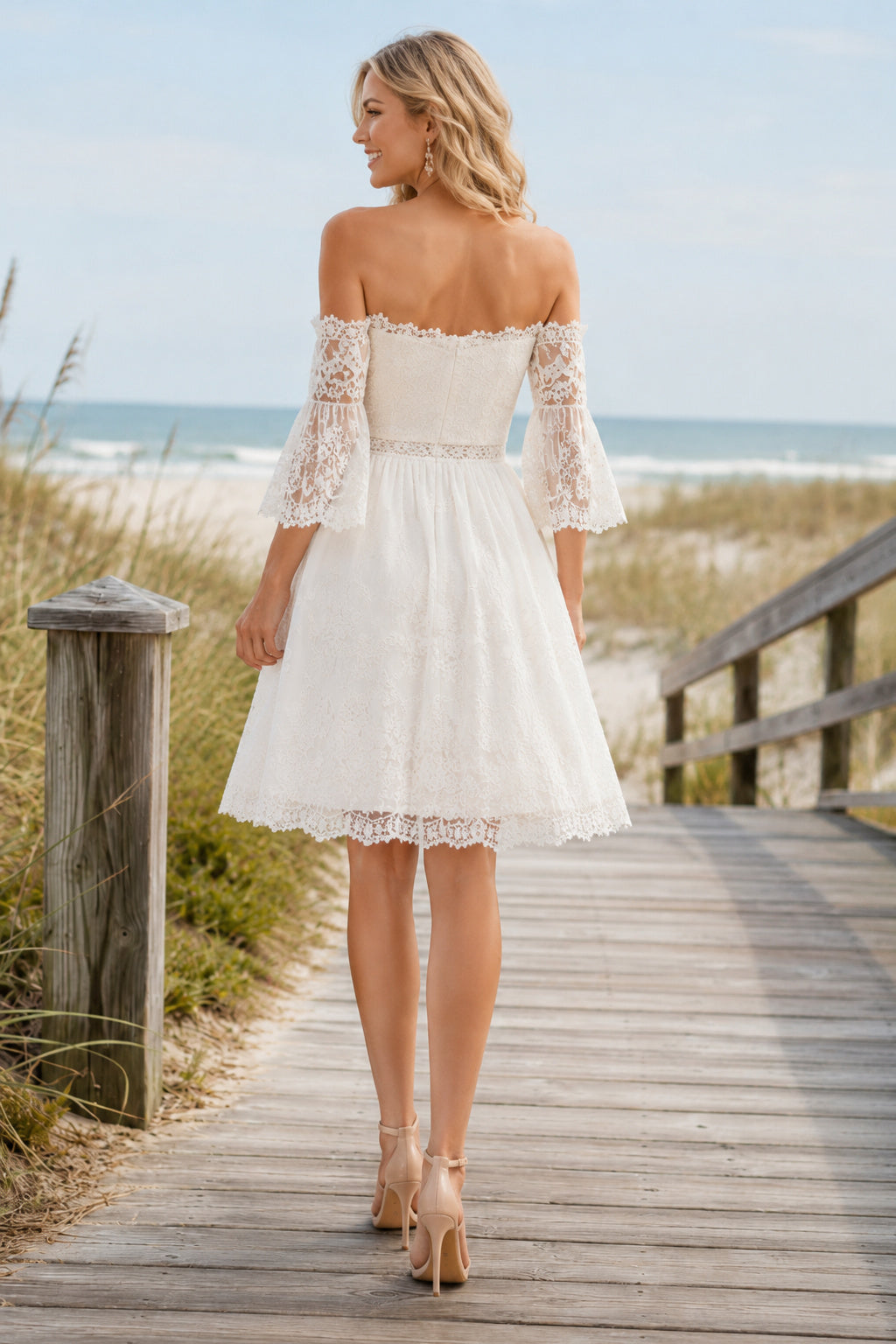 Ivory Off-the-Shoulder Lace Short Wedding Dress with Three Quarter Sleeves for Beach Reception back view
