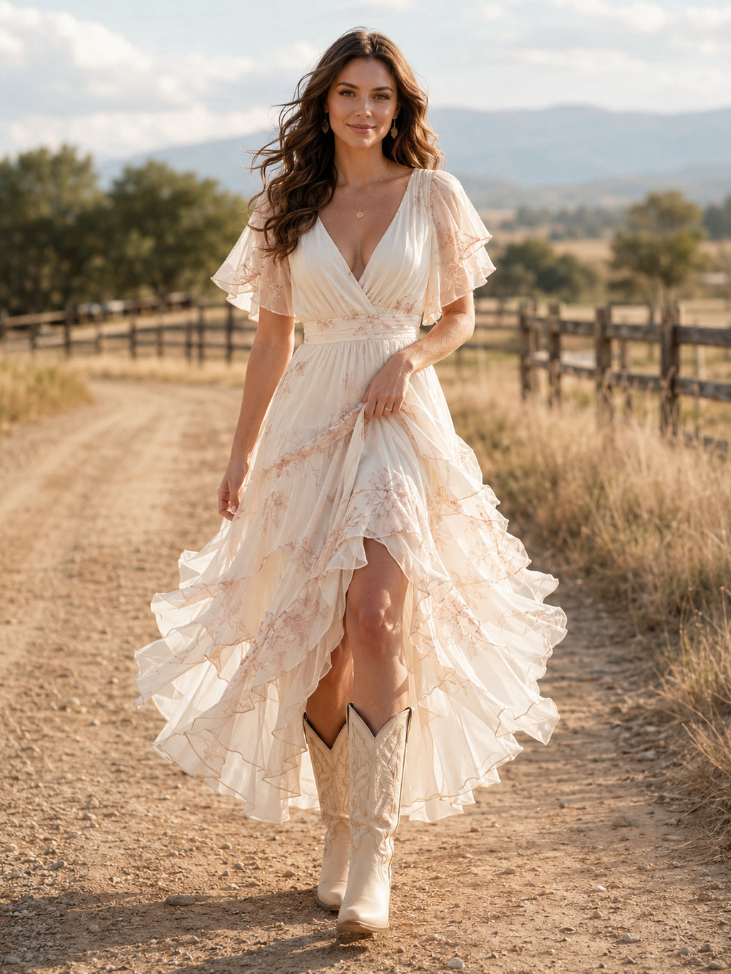 Chiffon High-Low A-Line V-Neck Flutter Sleeve Country Wedding Dress front view