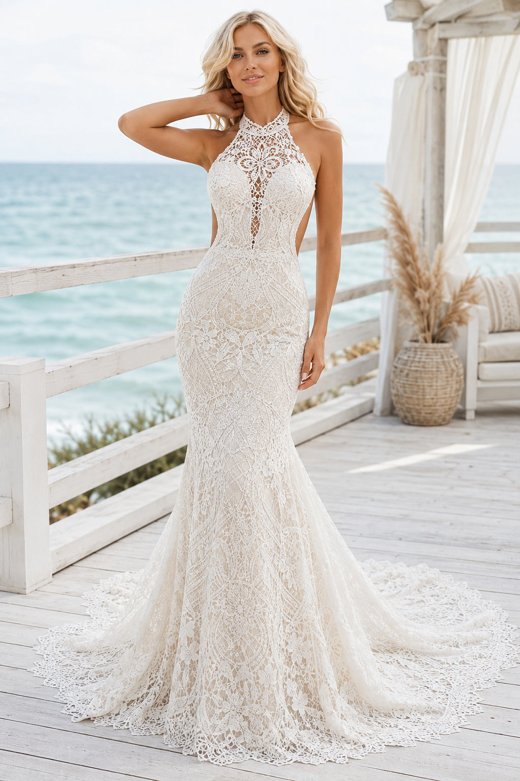 Ivory Halter High Neck Lace Mermaid Wedding Dress Keyhole Train for Bridal Ceremony and Reception front view