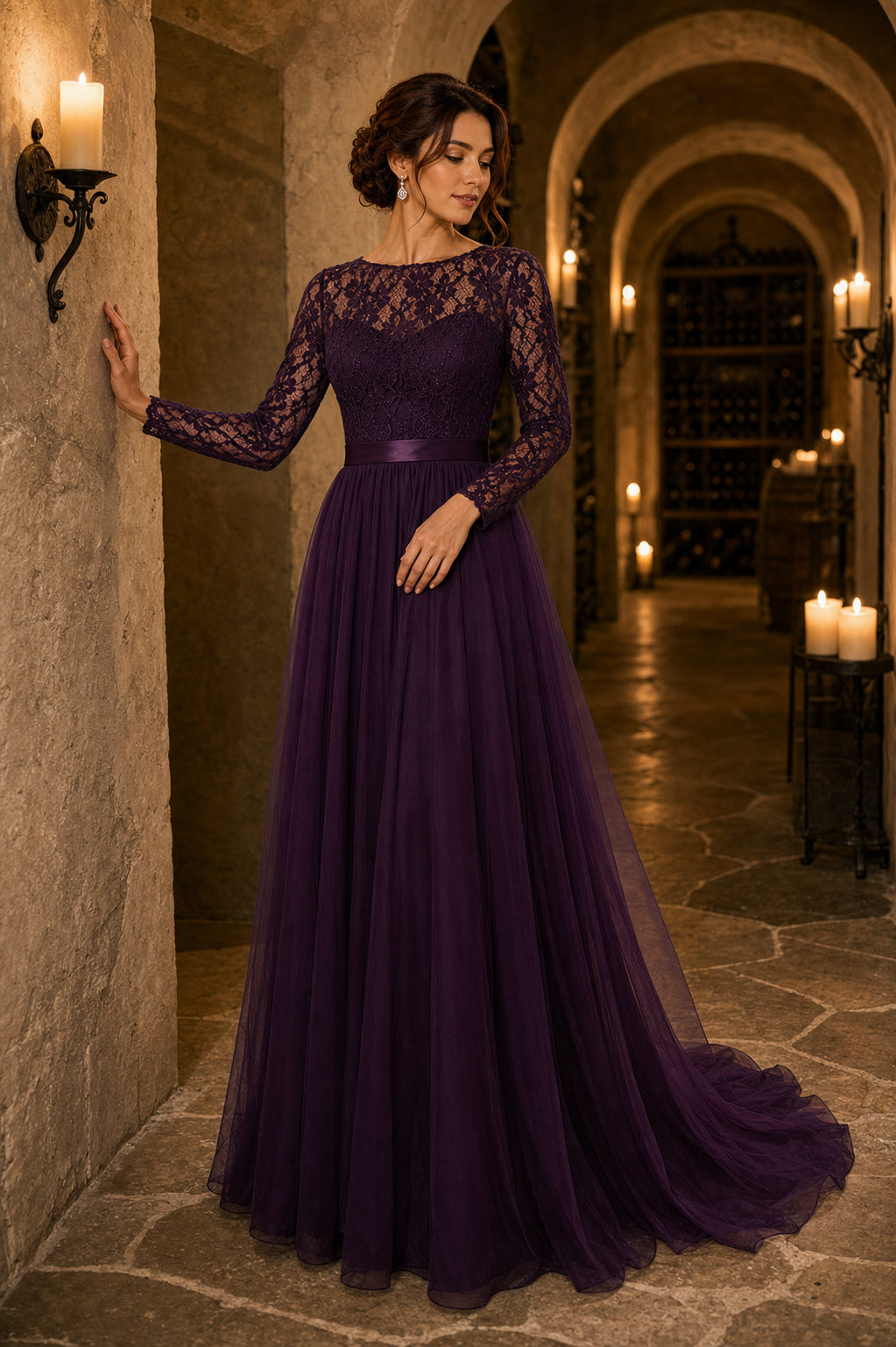 Plum Illusion Long Sleeve A-Line Chiffon Floor-Length Dress With Lace Bodice