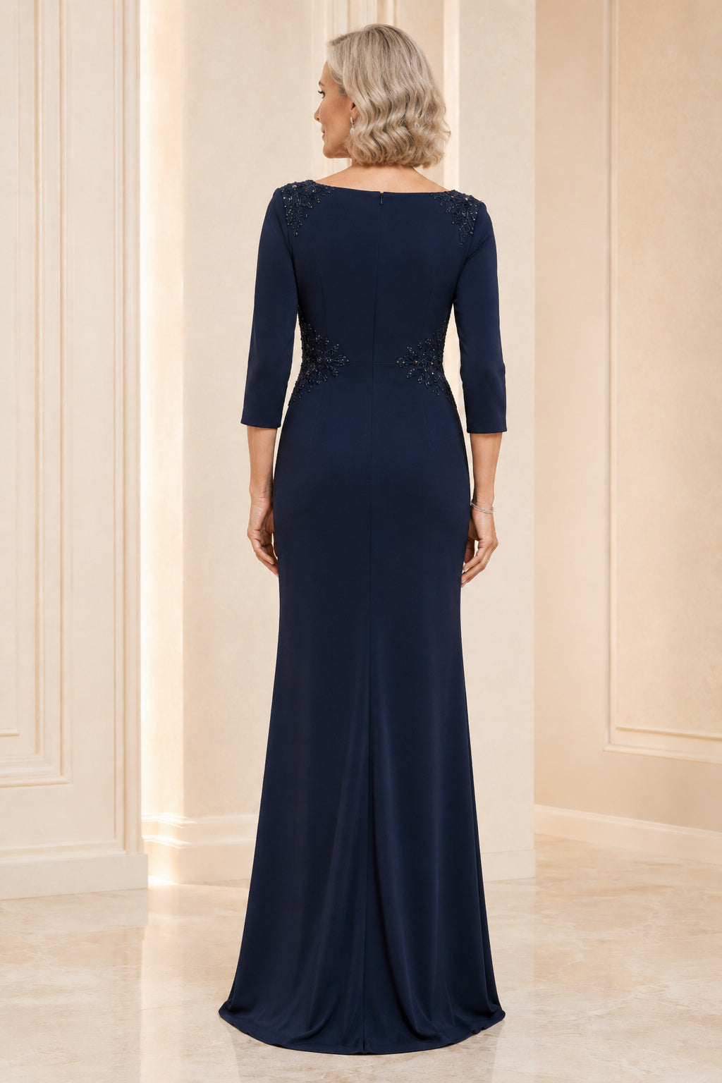 Dark Navy Sheath Mother Dress with Front Slit Three Quarter Sleeves and Beaded Detail back view
