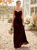 Burgundy cowl neck velvet sheath floor length bridesmaid gown front view