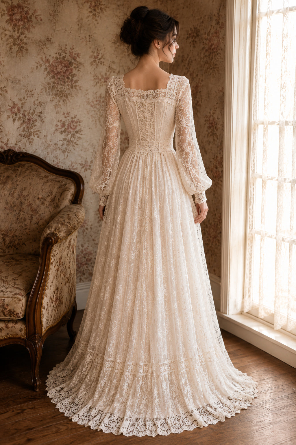 Champagne Square Neck Long Sleeve Lace A-Line Wedding Dress for Wedding Ceremony and Reception back view