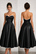 Black Strapless Tea-Length Satin A-Line Dress
