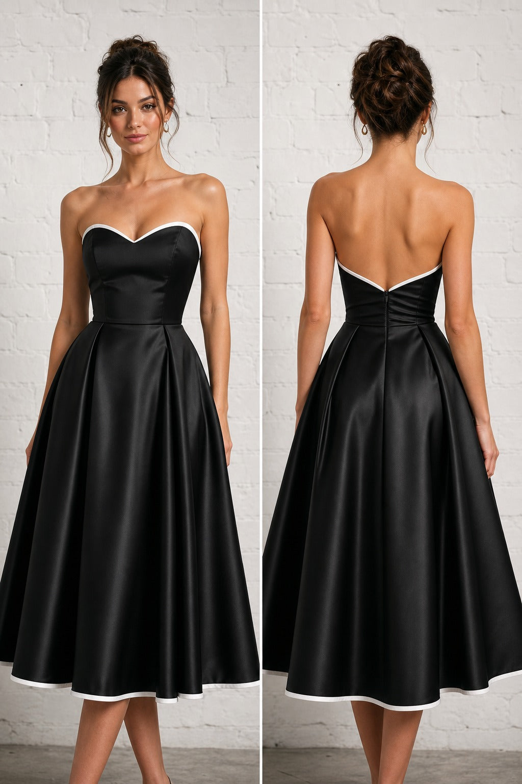 Black Strapless Tea-Length Satin A-Line Dress