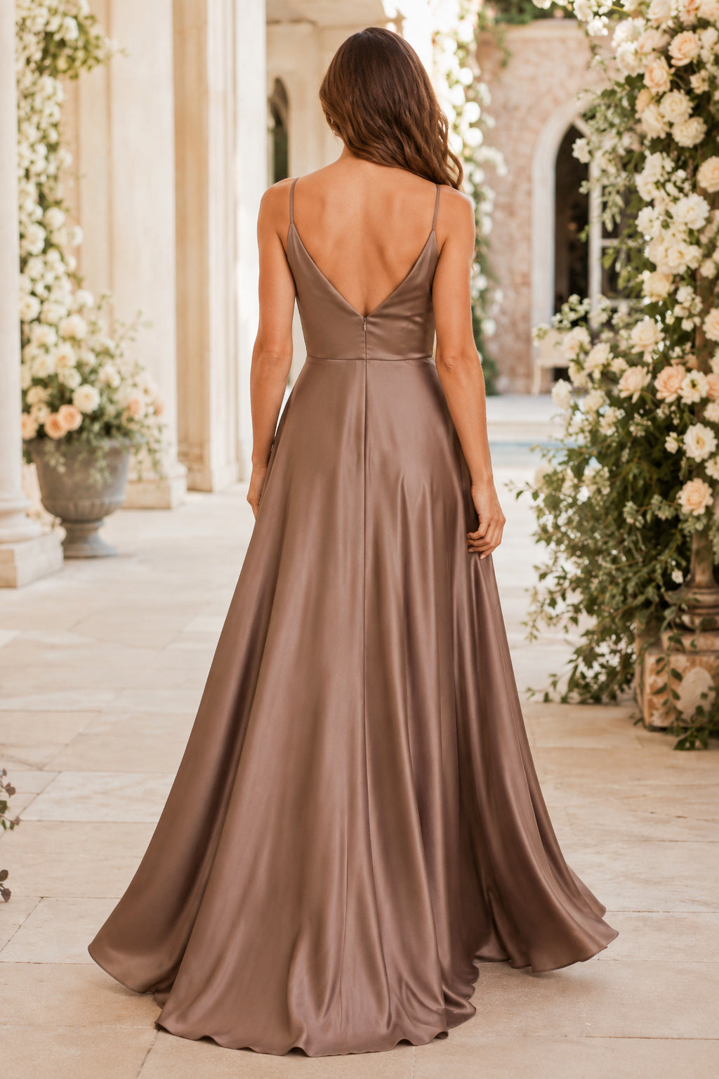 Evening Gown Taupe Satin A-Line Cowl Neck Sleeveless Draped Floor Length back view