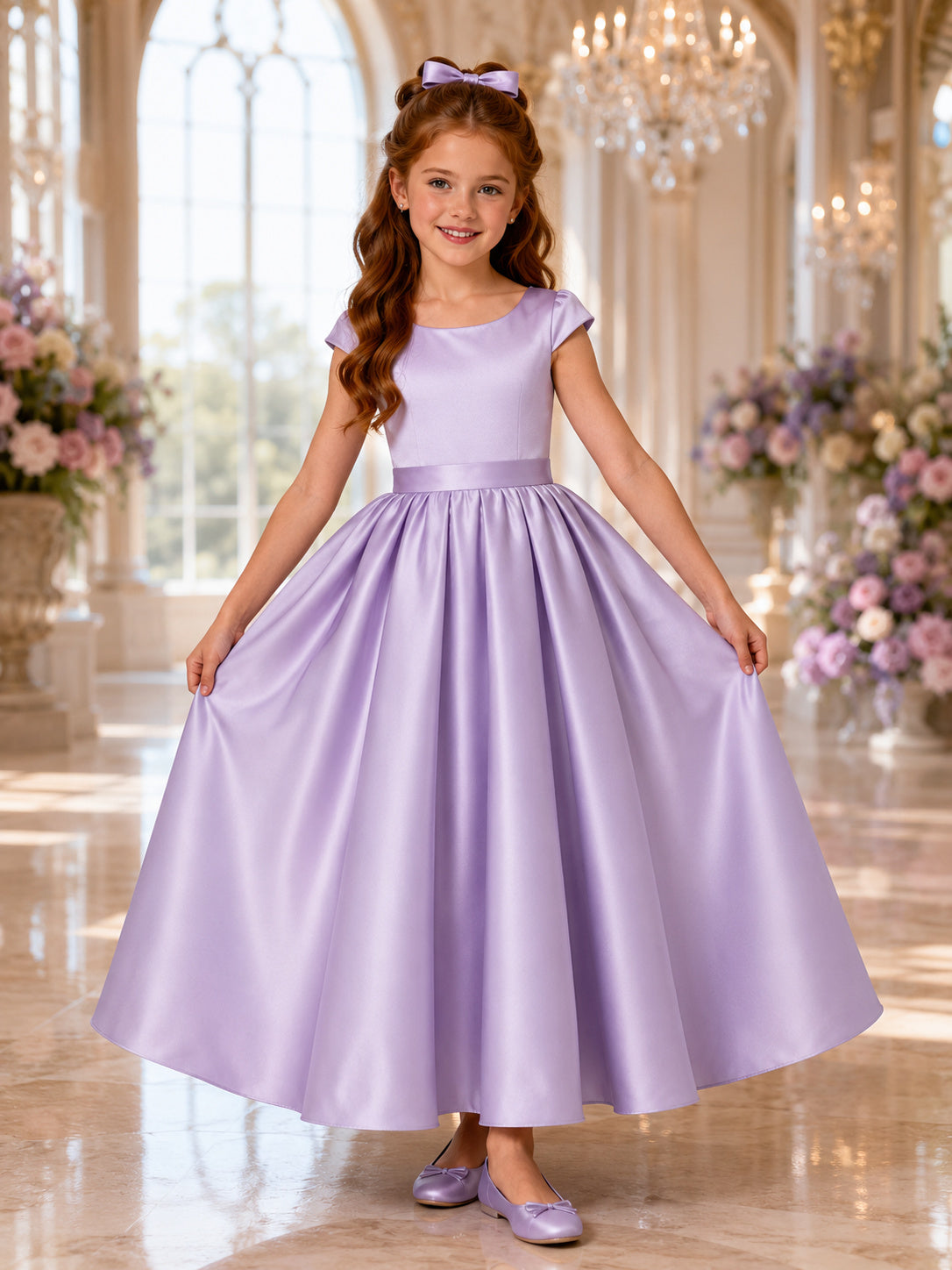 Lavender Elegant Satin Scoop Neck Cap Sleeve A-Line Flower Girl Tea-Length Dress front view