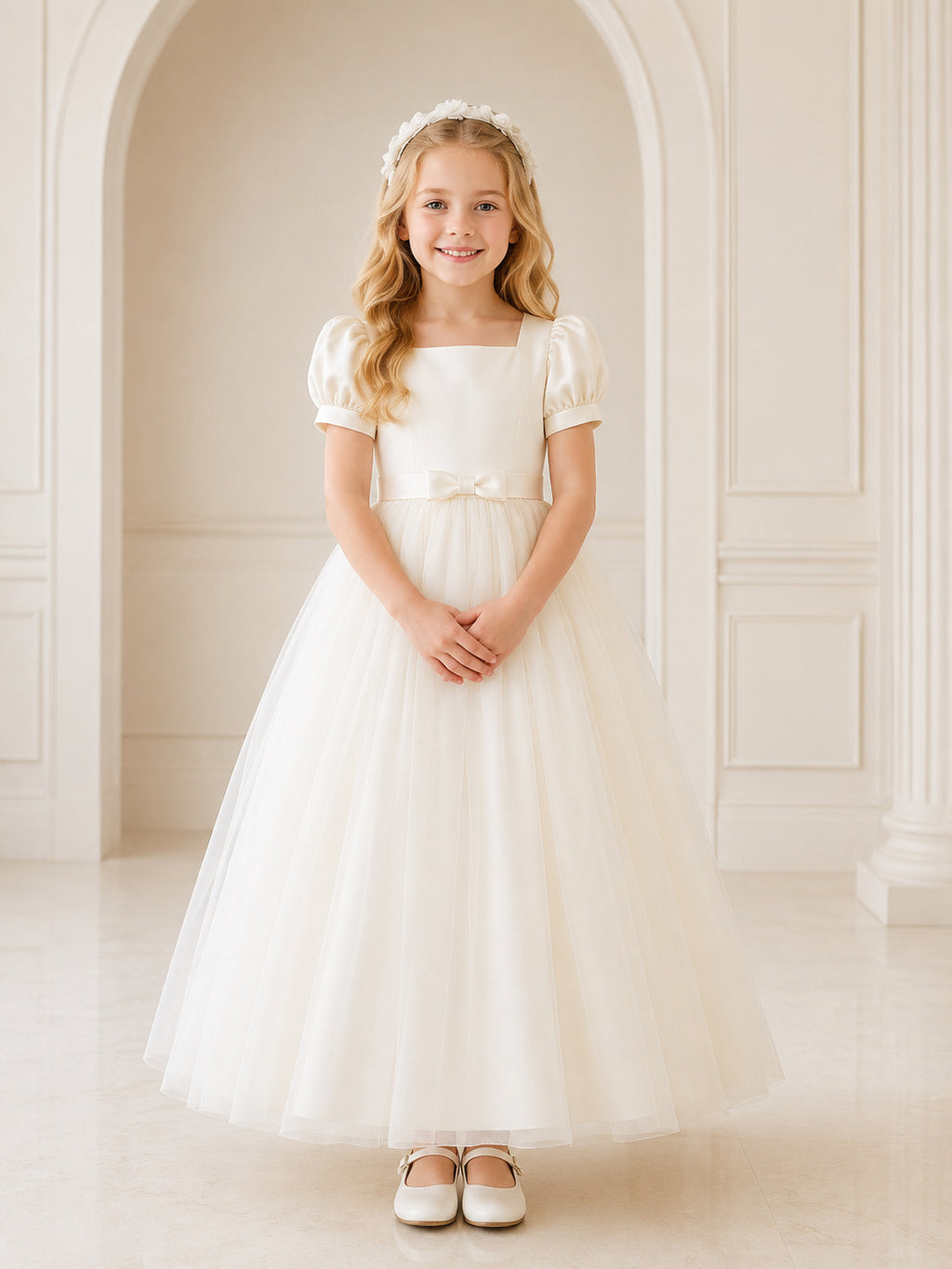 White Square Neck Puff Sleeve Tulle Tea Length Communion Dress front view