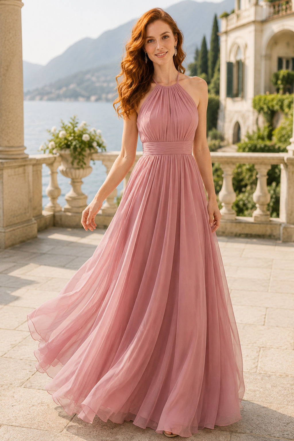 Dusty Rose halter chiffon A line dress with pleated bodice and flowing skirt Floor-length A-Line Bridesmaid Dress front view