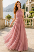 Dusty Rose halter chiffon A line dress with pleated bodice and flowing skirt Floor-length A-Line Bridesmaid Dress front view